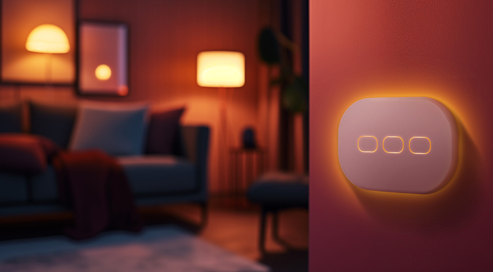 Un salotto accogliente dalla calda atmosfera. WiOO è l'interruttore intelligente che controlla le luci e i dispositivi compatibili con Apple HomeKit. La tua casa, davvero smart.