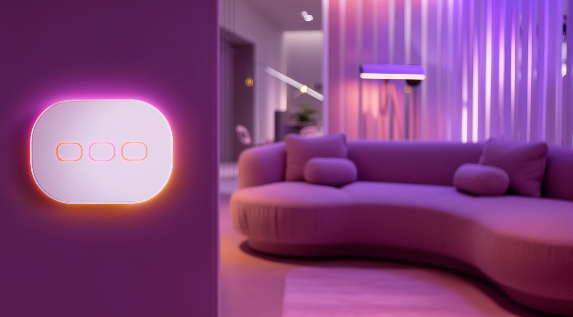 Un ampio divano in un ambiente accogliente dal design moderno e colorato. WiOO è l'interruttore intelligente che controlla le luci e i dispositivi compatibili con Apple HomeKit. Rendi davvero smart la tua casa, il tuo studio o la tua attività.